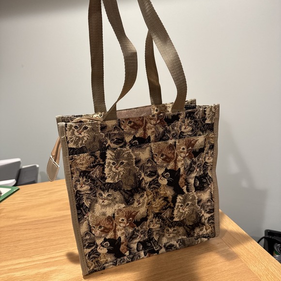 VTG Themed Cat Themed Tapestry Style Shopping Bag Carryall Bag W Handles EUC - Picture 1 of 10